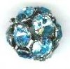 1 12mm Round Gunmetal with Aqua Rhinestones